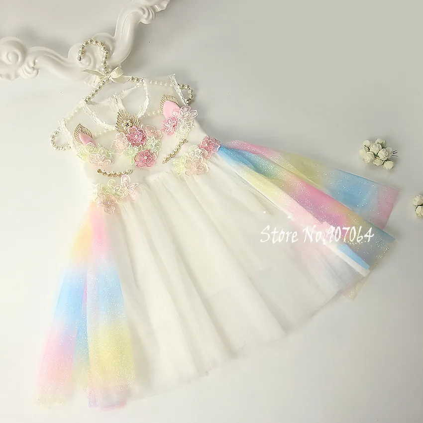 

Girls Rainbow Unicorn Princess Dress Cake Layers Tutu Prom Gown For Kids Children Wedding Evening Formal Party Pageant Vestidos