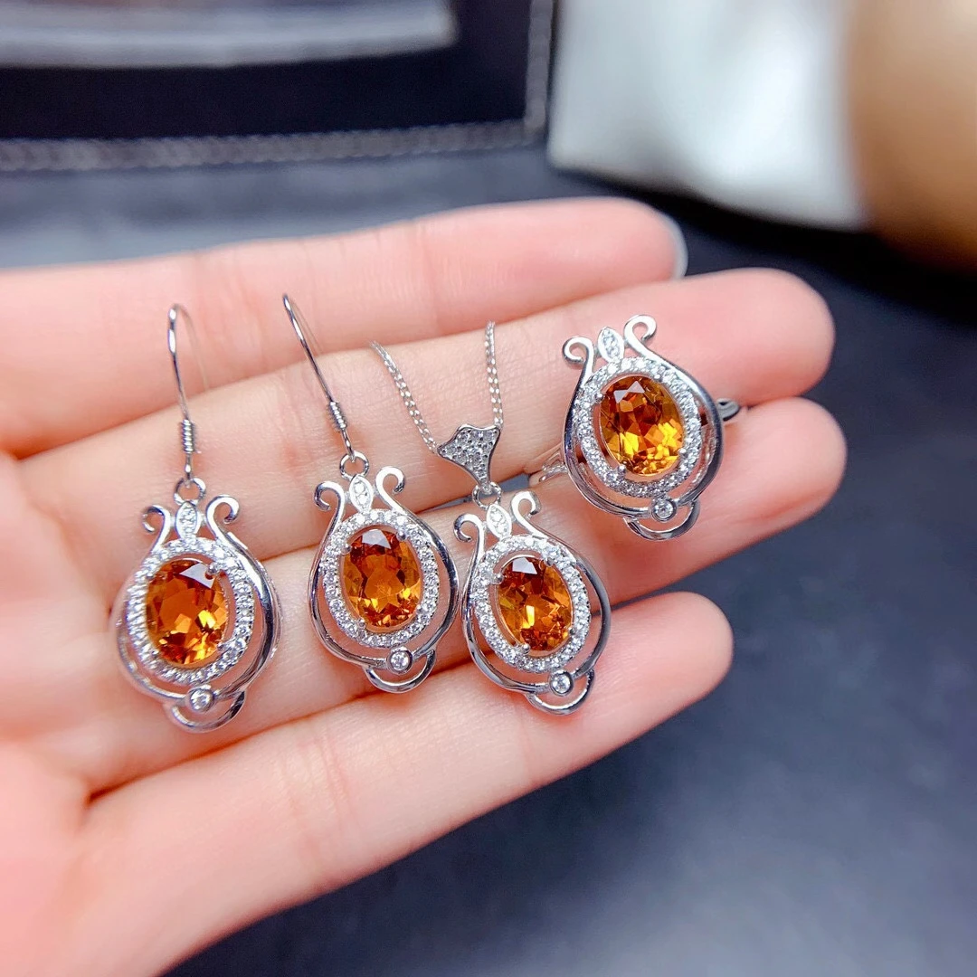 

2021 new yellow citrine ring earrings necklace jewelry set women 925 sterling silver hook earrings rose golden girl party gift