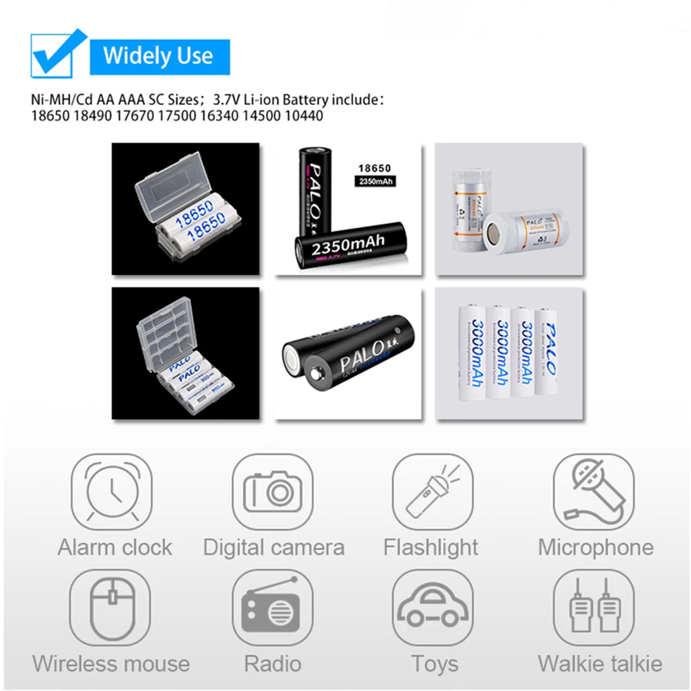 PALO-cargador inteligente LCD de 12 ranuras para batería recargable AA/AAA SC Ni-MH ni-cd, batería de iones de litio de 3,7 V 18650 18490 17670 17500 16340