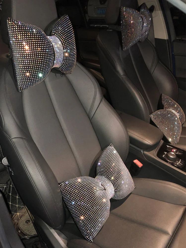 1PC Diamond Crystal Bowknot Car Neck Pillow Rhinestone Auto Headrest Seat Support Waist Pillows Bling Car Accessories for Women