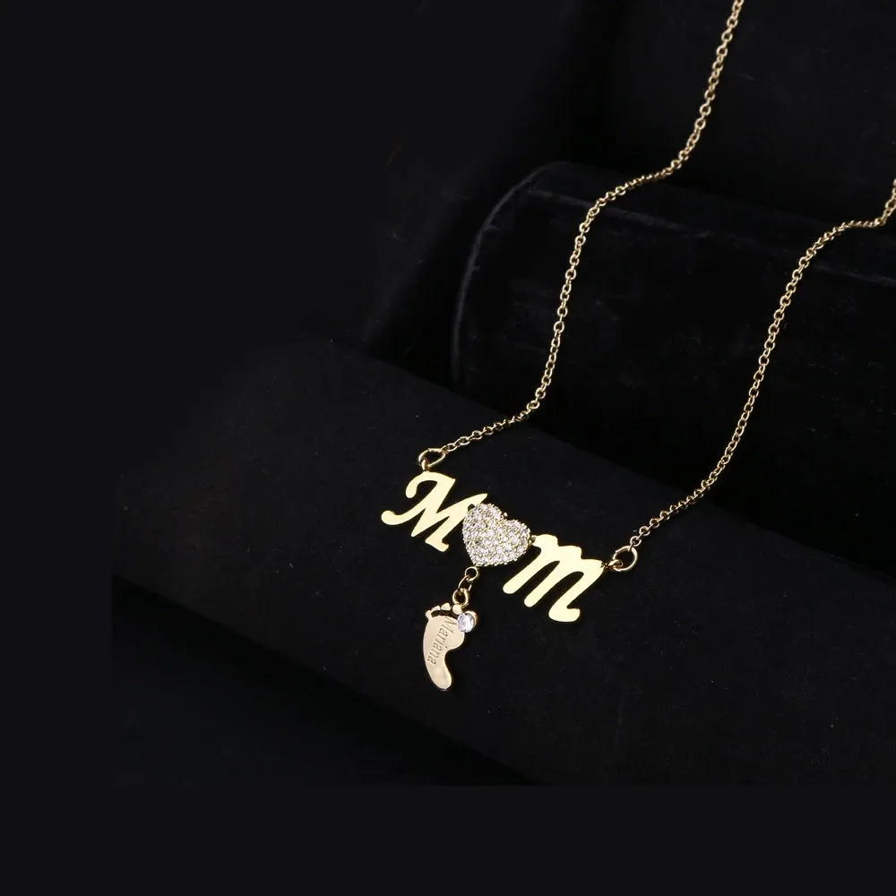 

DUOYING Mom Footprint Custom Necklace Personalized Pendant Zircon Necklaces Gold & Silver Inlay Necklace with Footmarks for Gift