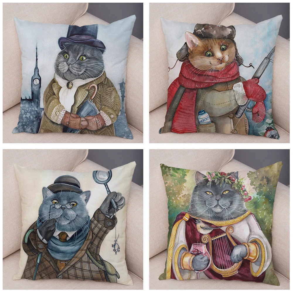 Watercolor Worker Cat Pillow Case Decor Cartoon Animal Pillowcase Soft Plush Cushion Cover for Children Gift Sofa Home 45x45cm