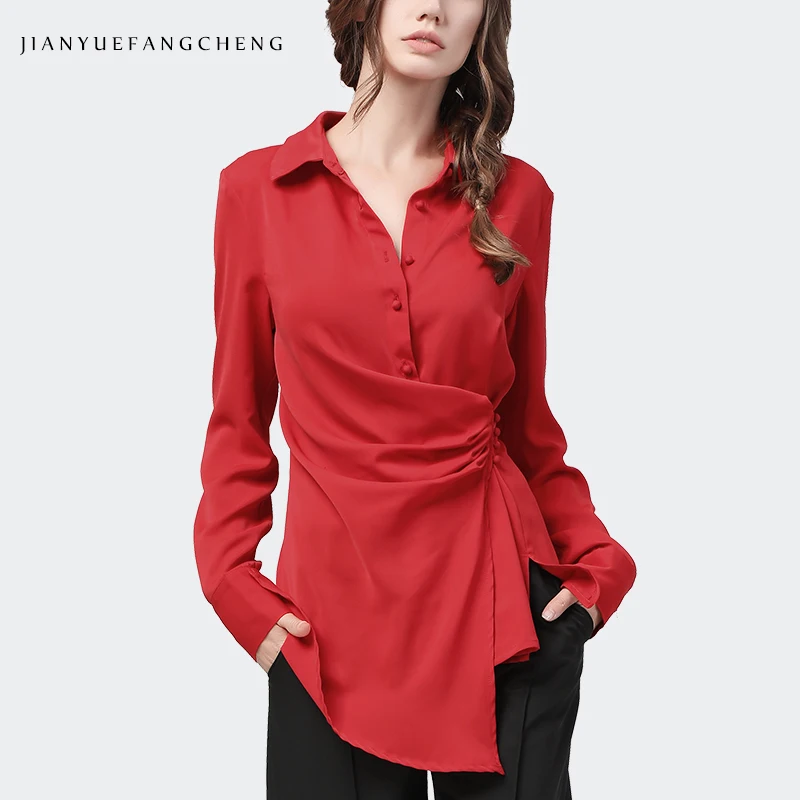 Women Long Sleeve Solid Color Turn-down Collar Asymmetrial Design Button Shirt Slim Fit Tunic Tops 2022 Autumn Ladies Clothing