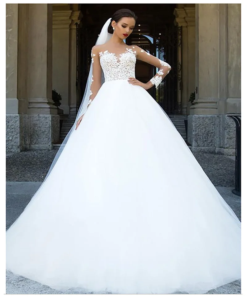 

WAJY Long Sleeve Wedding Dresses Lace Allpiqued Bridal Gowns 2020 Fluffy Boho Bride Dress White vestido de noiva Plus Size