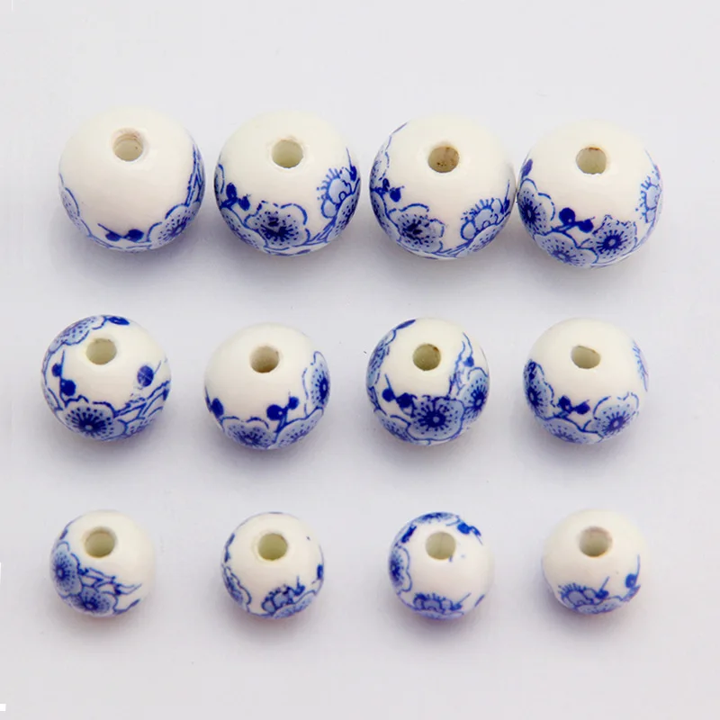 10Pcs/lot 8 10 12 14 mm Chinese Style Plum Blossom Round Ceramic Loose Beads For Handmade Diy Jewelry Making Supplies Wholesale