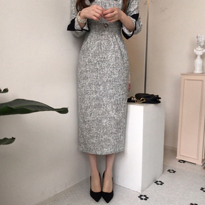 Fashion Contrast Lapel Lace Up Collect Waist Tweed Dress Autumn Winter New Thickened Mid-calf Women Dresses