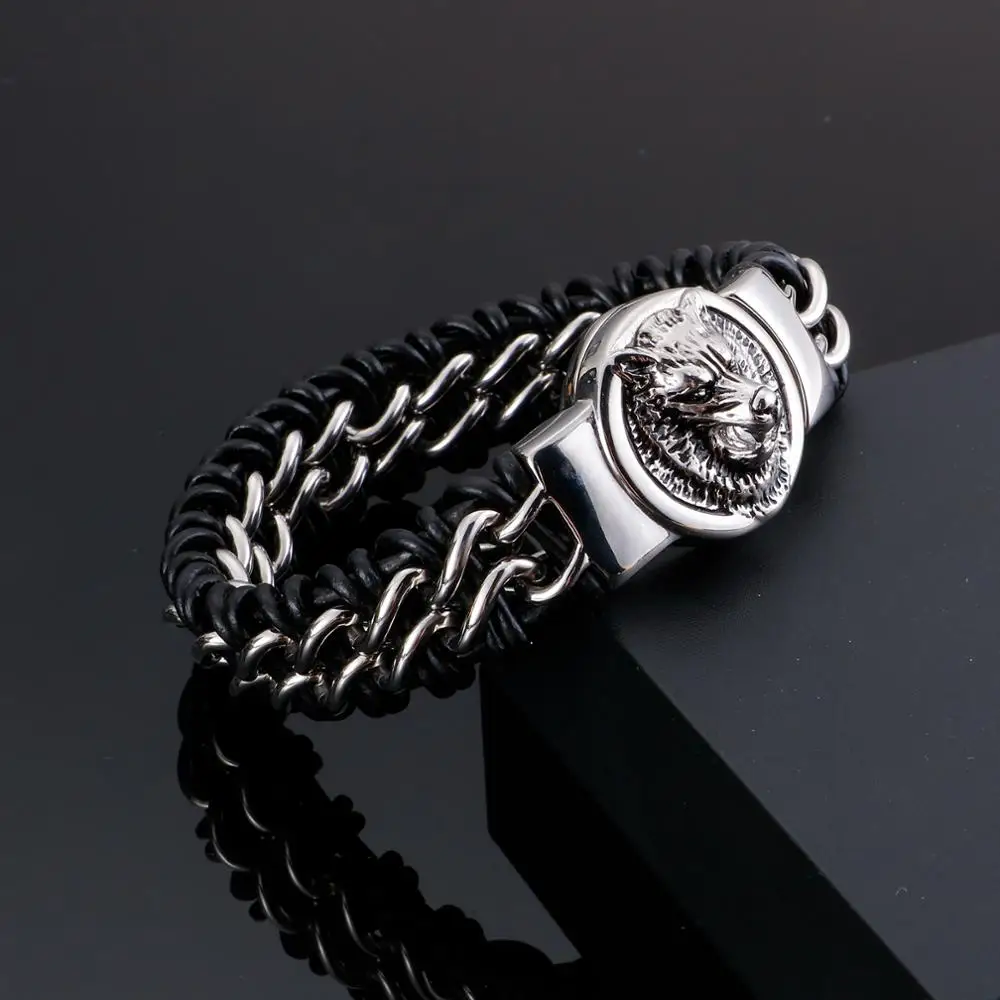 Fongten Wolf Lion Chain Bracelet For Men Braid Stainless Steel Black Color Leather Men\'s Bracelets Bangle Wristband Jewelry