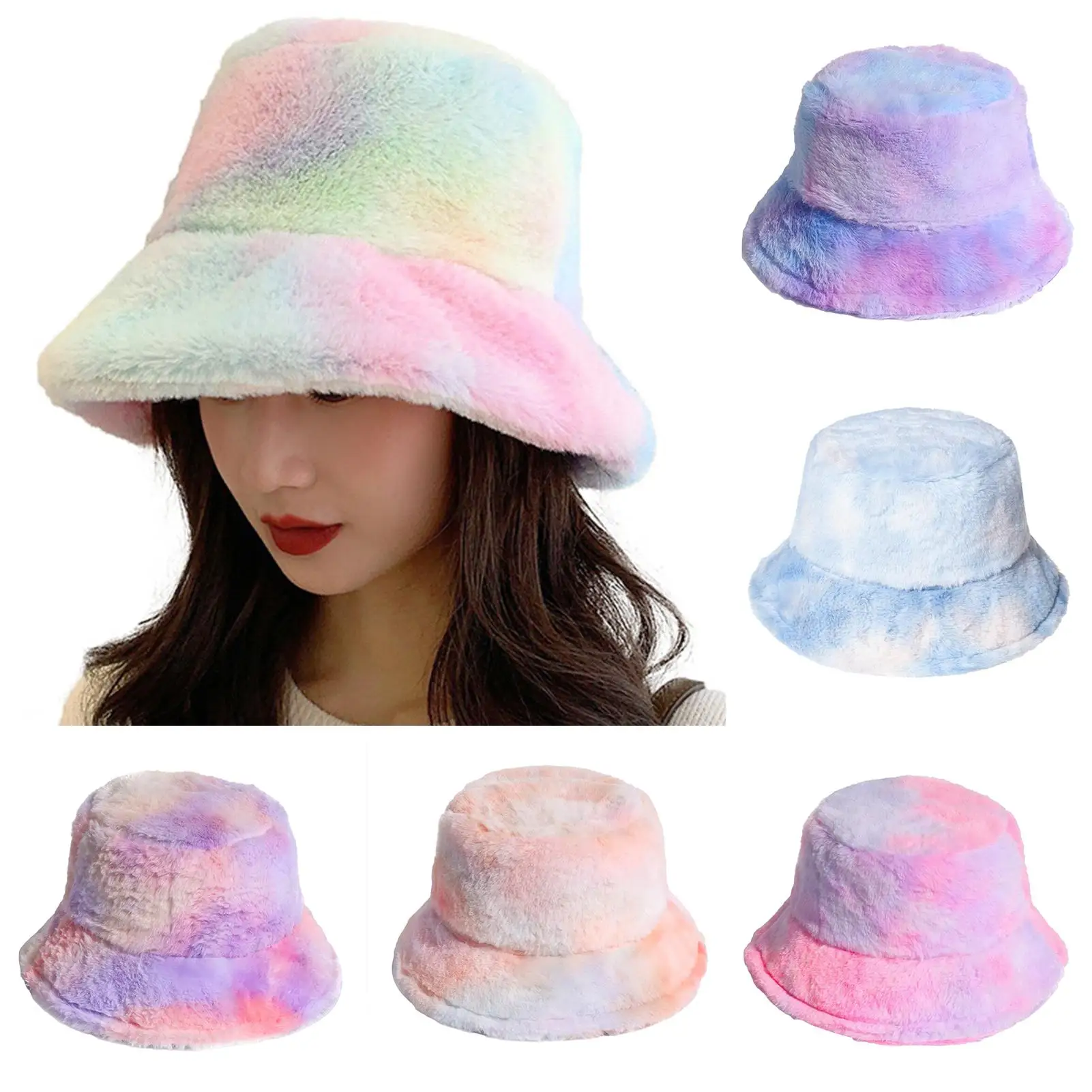 Women Winter Rainbow Colorful Tie Dye Bucket Hat Fluffy Fuzzy Plush Short Brim Sunscreen Thick Warm Outdoor Panama Fisherman Cap