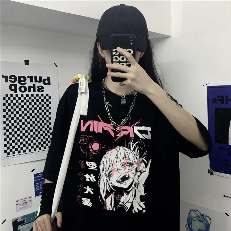 Kobiety Y2K Cartoon Top japońskie Anime Harajuku Kawaii koreański styl Punk lato z krótkim rękawem luźne ubrania Plus Size Dropshipping