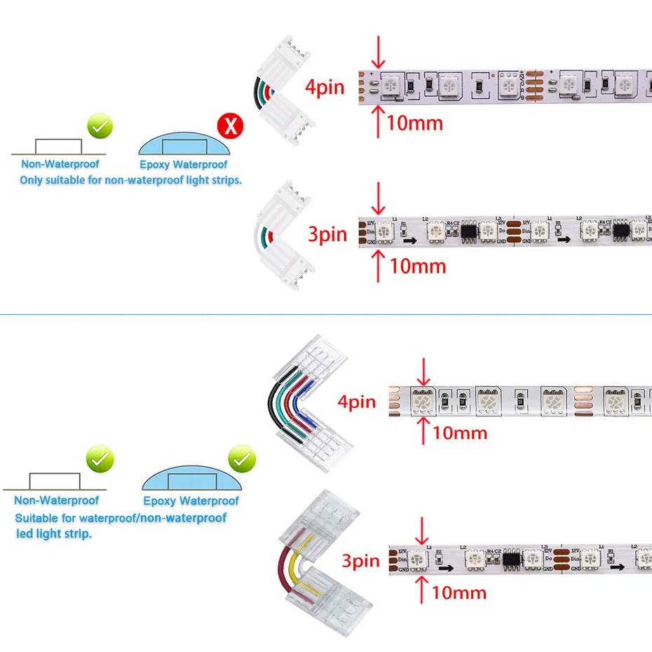 RGB LED Strip Connector 3/4 Pin 10mm L Shape Solderless Wire Connectors For SMD 5050 WS2811 Tape Light DIY Home Decoration