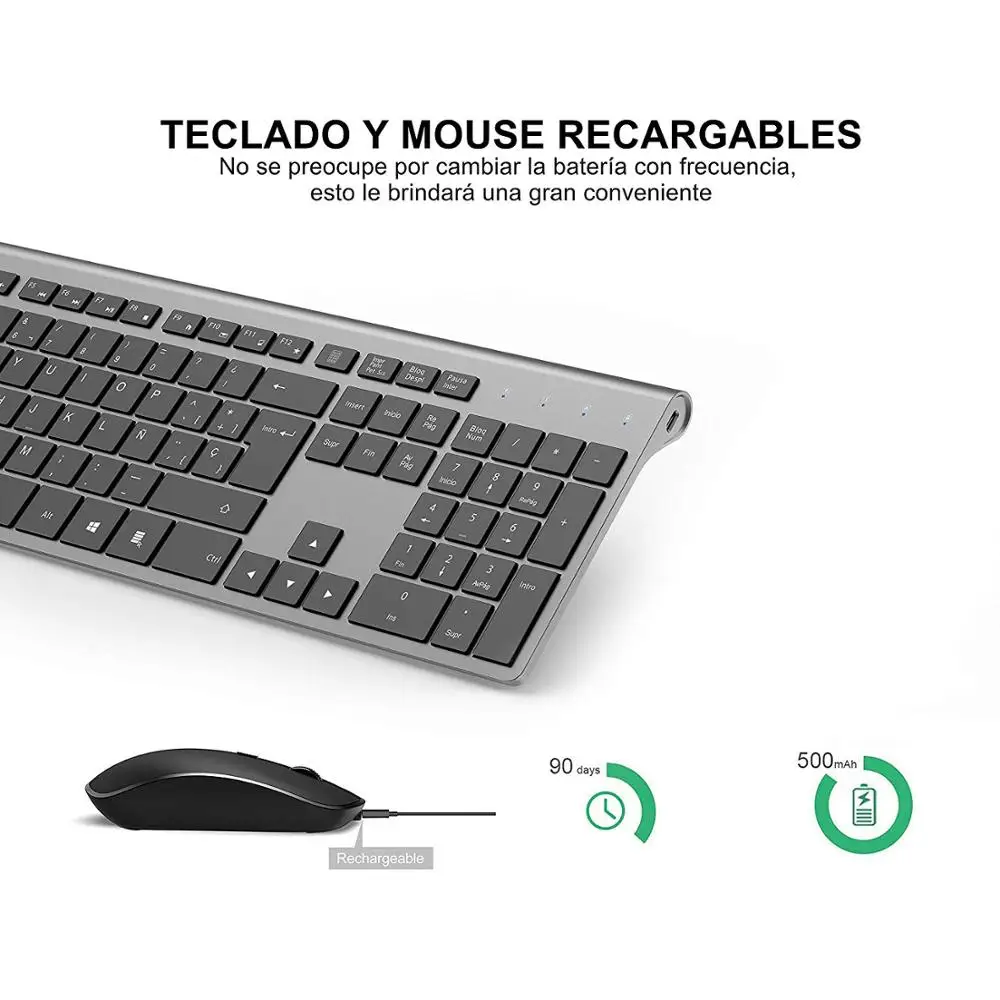 Teclado y Raton Inalámbrico Español,Ergonómico Con USB 2,4GHz Silencio Teclados Para Apple, MINI y TV