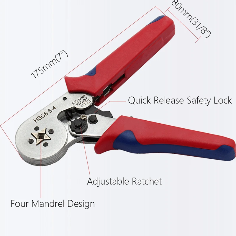 HSC8 6-4 0.25-10mm2 23-10AWG Tang Crimping 1200Pcs Terminal untuk Tabung Jarum Tipe Terminal Crimp self-Adjusting Tool