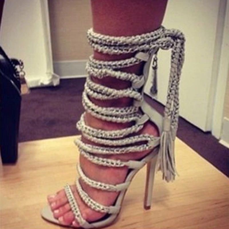 High Quality Sexy Metal Decoration Lace-Up Dress Sandals Black Rope Crisscross Tassel Strap Sandals Thin Hihg Heel Open Toe shoe