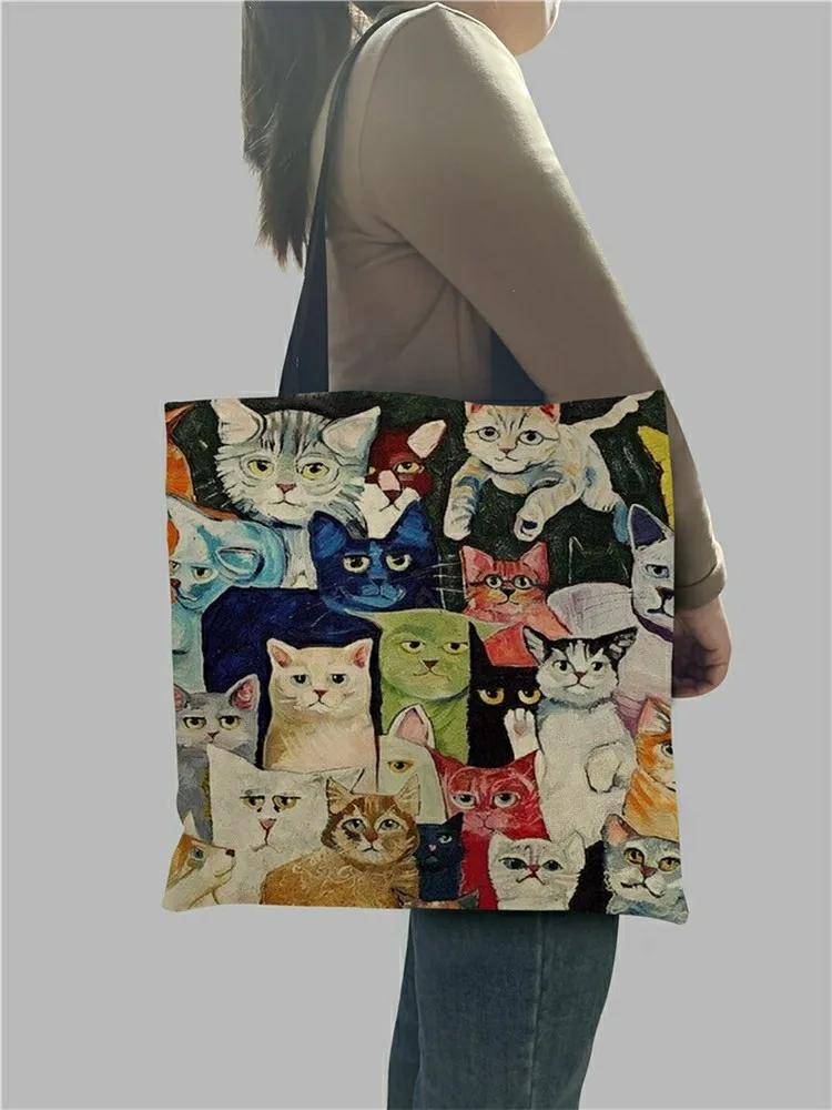 Bolso de mano de lino para mujer, bolsa de hombro con estampado de gato de dibujos animados Kawaii, a la moda, ideal para ir de compras o de viaje,
