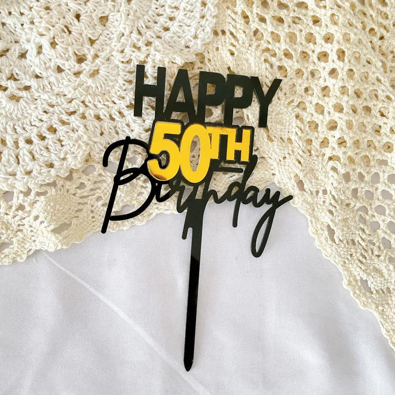 Gold Happy 50th Birthday Cake Topper Acrylic Cute Double Layer Cupcake Topper for 50 Years Old Birthday Party Cake Decorations