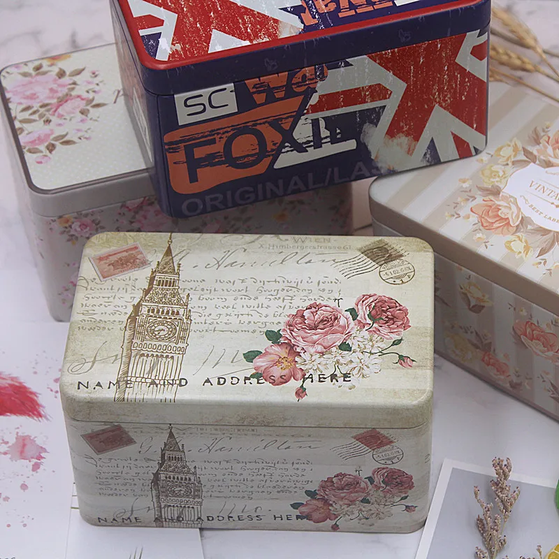 Vintage Flowers Metal Rectangular Storage Tin Box Large Candy Cookies Case Home Organizer Coffee Sugar Tea Chocolate Container