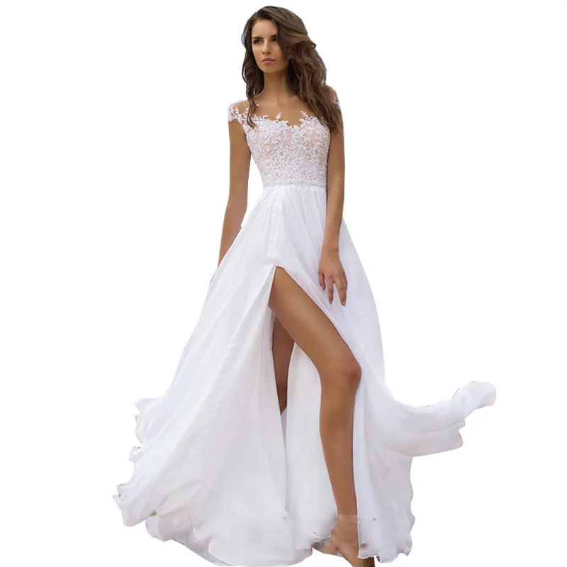 Longo boho a linha vestido de casamento sem costas sheer corpete vestidos de noiva princesa até o chão vestidos de casamento sexy split chiffon