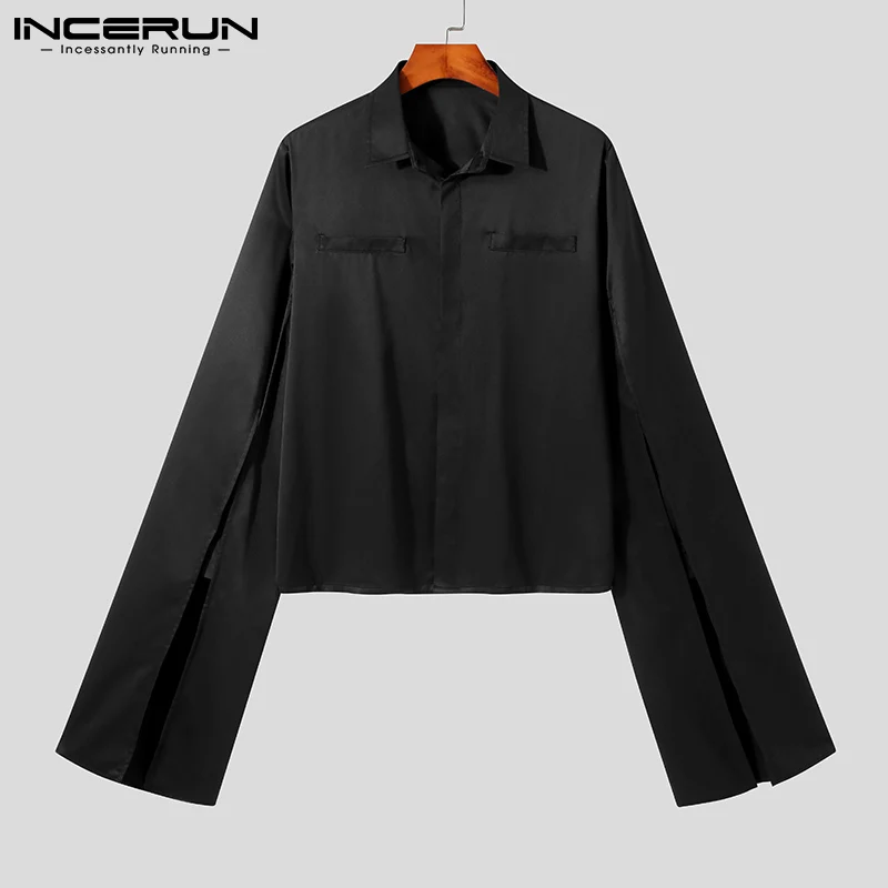 Stylish Well Fitting Tops INCERUN Handsome Mens Solid All-match Simple Blouse Casual Streetwear Flared Long-sleeved Shirts S-5XL