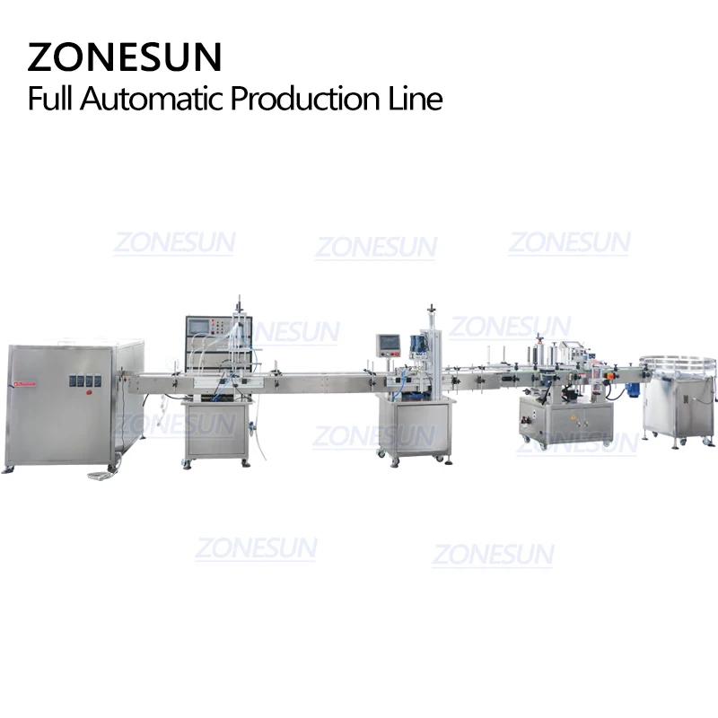 ZONESUN Fully Automatic Magnetic Pump Four Heads Juice Ink Round Bottles Filling Capping Labeling Machine Line For Production
