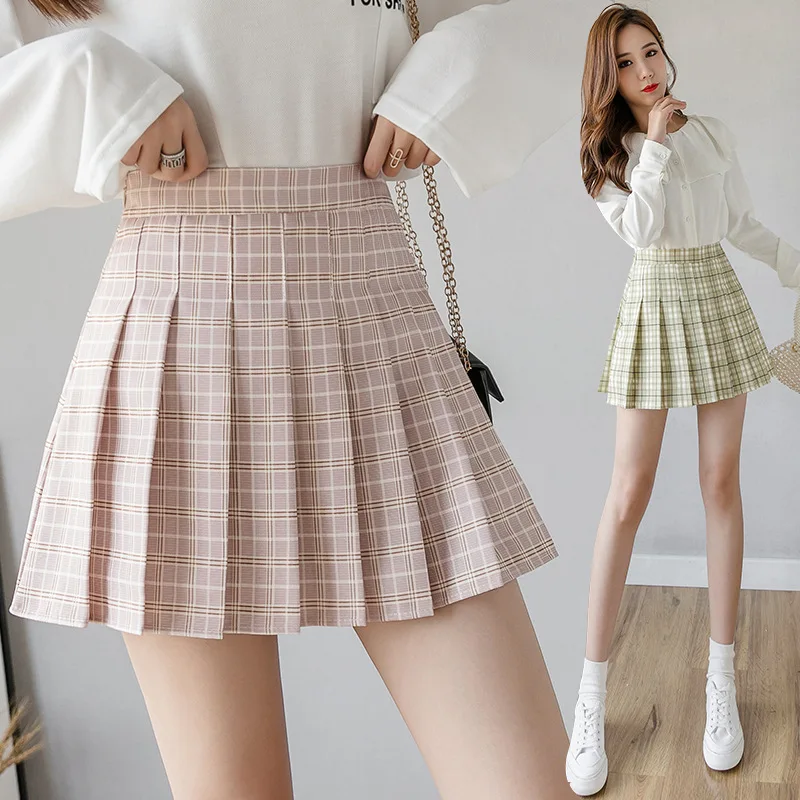 2020 New Korean Style Harajuku Women Fashion Mini Pleated Skirts Casual Loose Plaid Skirt  A-Line Skirt High Waist kawaii skirt