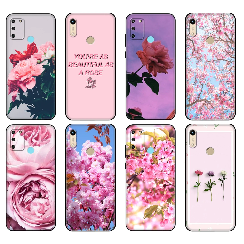 Black tpu Case For Huawei Honor 8a Prime 8s Prime 9 Lite honor 9A 9C 9X Premium 9x Pro 9S Case Cover Pink Flower Peony