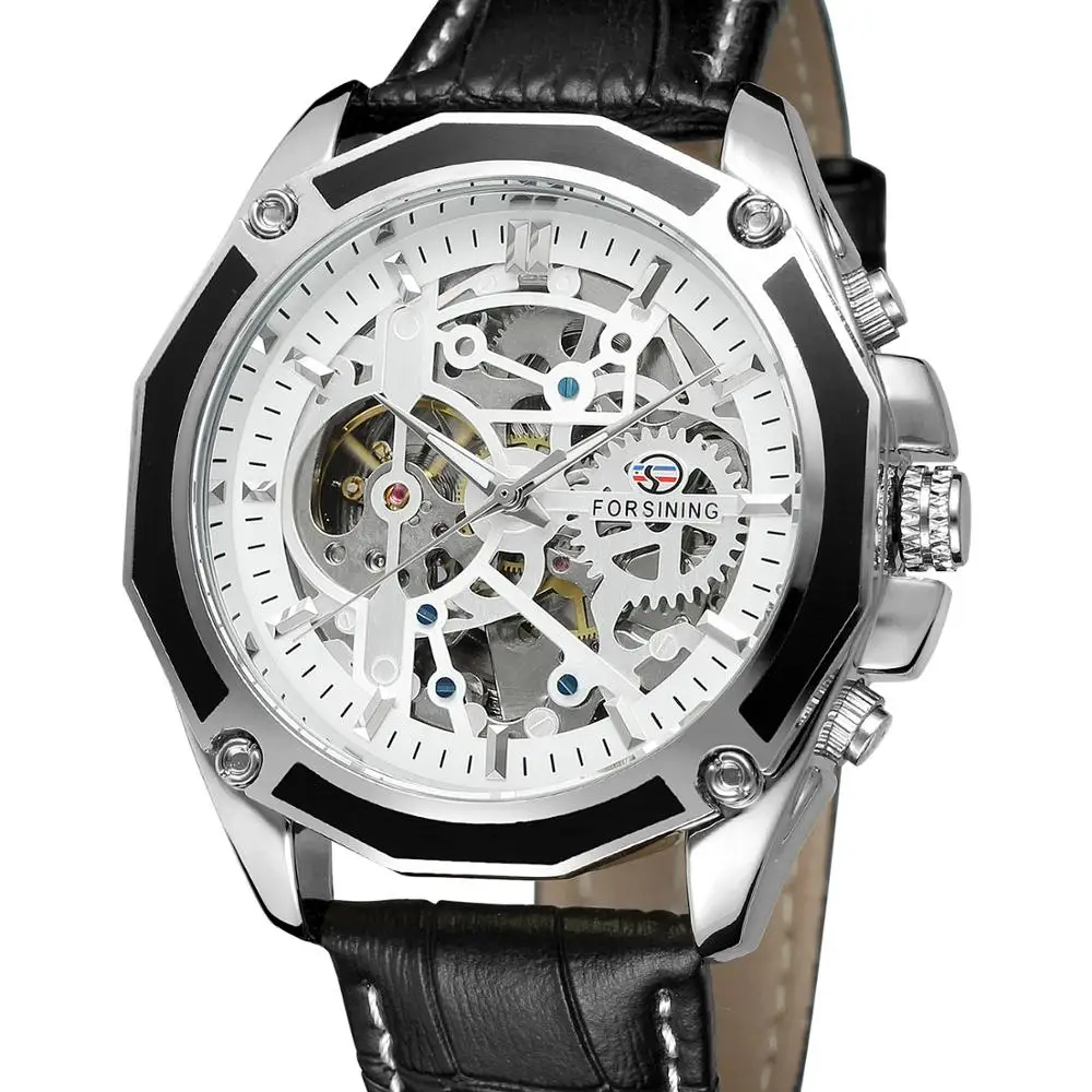 

FORSINING Fashion trend cool white dial silver case black strap men and women watch automatic mechanical watch