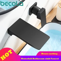 Becola Copper Matte Black Bathroom Water Basin Sink Mixer Tap Bathtub Faucet Soild Brass Bathtub Faucet Waterfall Wall Mount