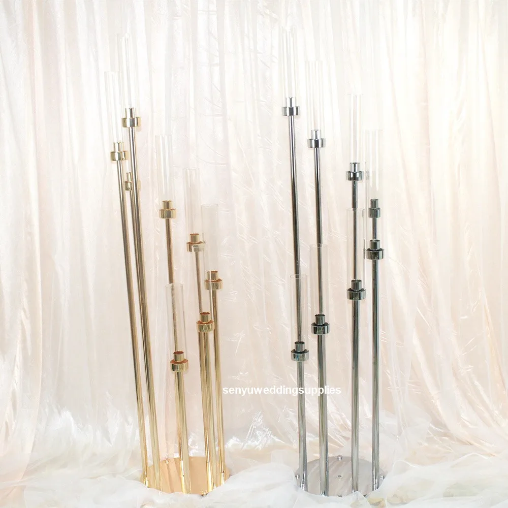 10pcs)8 Heads sliver/Gold Pillar Flower Plinth Stand for Wedding Columns Walkway Wedding Decoration  senyu1813
