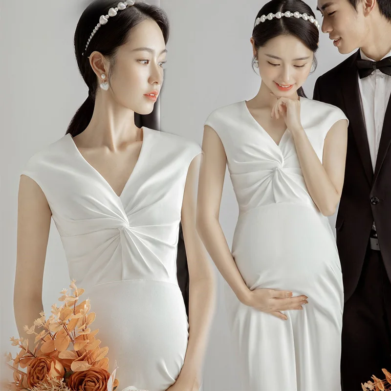 Women Photography Props Maternity Dresses White Elegant V-neck Pregnancy Dress for Studio Shooting Korean Photo Props