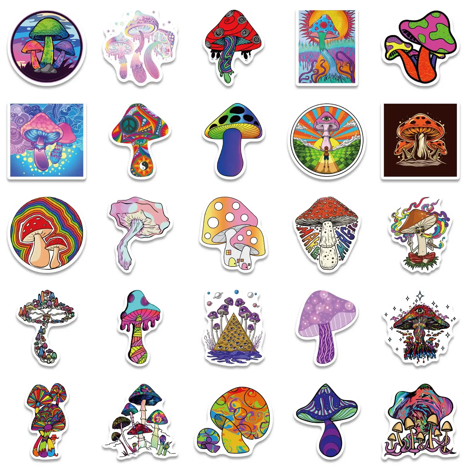 50PCS Cartoon Psychedelic Mushroom Sticker Cute Color Magic Plant Funny Anime Stickers Phone Laptop Scrapbooking Stickers