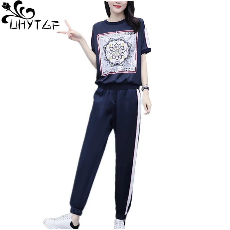 UHYTGF 4XL Big Size Two Piece Set Women Fashion Short Sleeve Casual Pullover O Neck Elastic Waist Summer Suit Female Tracksuit1