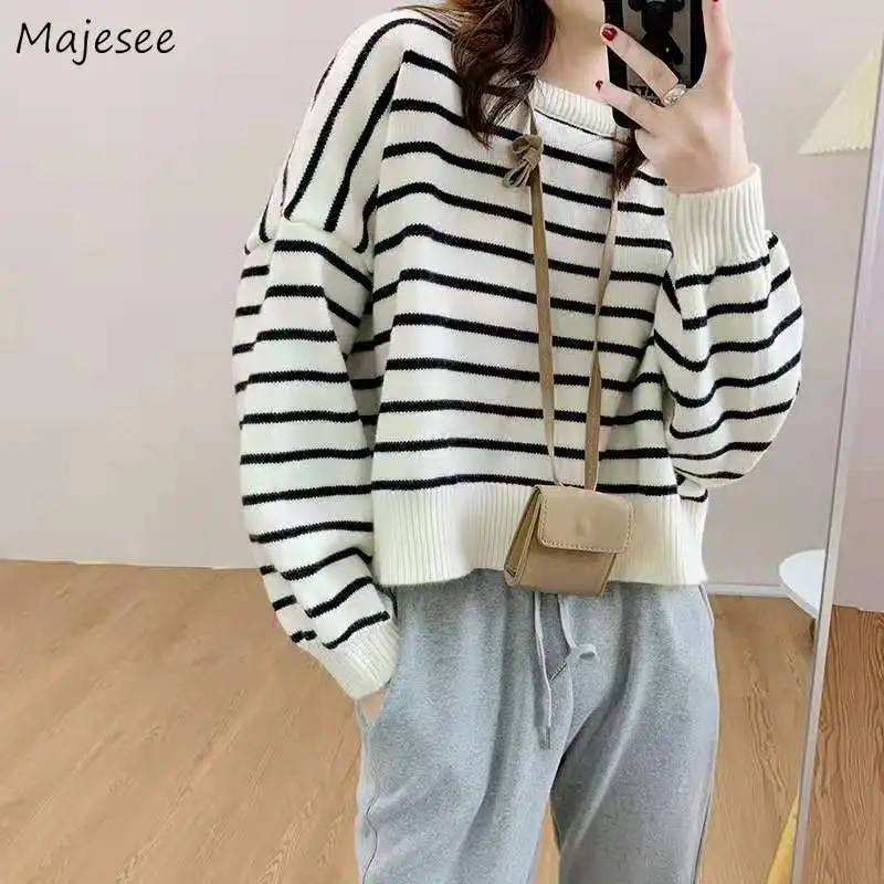 

Pullovers Women Cropped Ladies Sweaters Striped Daily O-Neck Sweet Girls Harajuku Soft Minimalist Tender Ulzzang Cozy Vintage