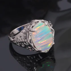 CiNily Created White Fire Opal Rings Silver Plated Oval Stone Hot Sell Fashion Wedding Party for Women Jewelry Ring Size 5-12