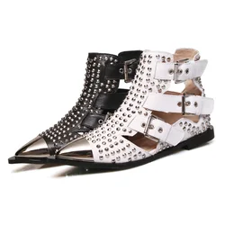 Spring Summer Black White Studded Hollow Out Short Ankle Boots For Women Sliver Metal Toe Flat Heels Booties Buckle Zapatos