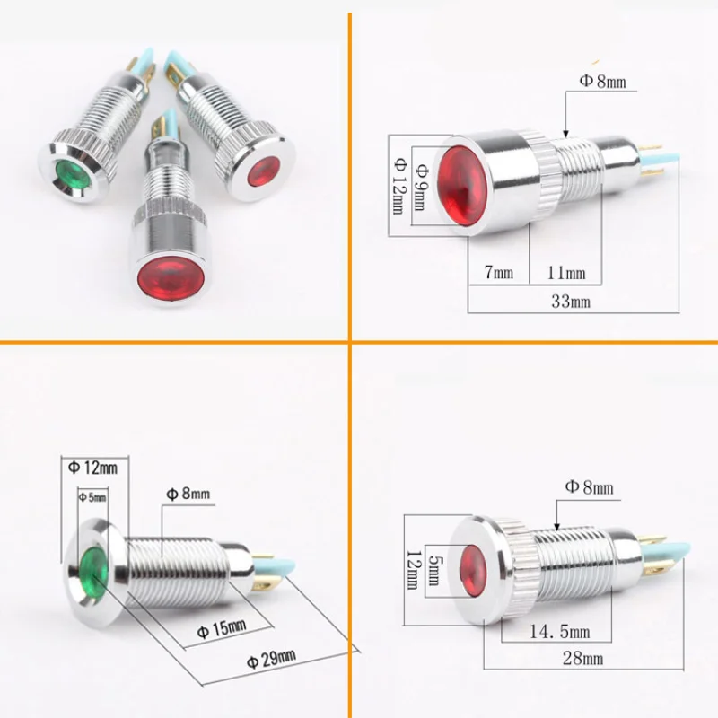 1pcs 8mm 6V 12V 24V 220v Convex/High/Flat head LED Metal Indicator light 8mm waterproof Signal lamp red yellow blue green white