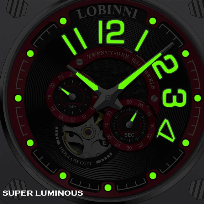 LOBINNI Mens Automatic Watches Luxury Watch Mechanical Wristwatch Skeleton Waterproof Luminous Sapphire Square Case Leather Band