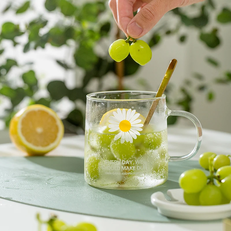 Small Daisy Heat-Resistant Glass Large Capacity Mug Creative Water Cup With Lid Transparent Belt Handle household Flower Tea Cup