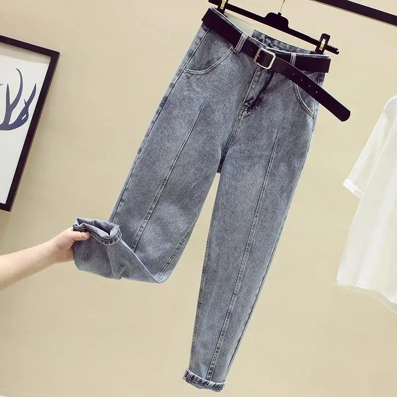 Spring/Summer Jeans Women\'s Loose High Waist Pants Ankle-Tied Harem Pants Cropped Light Color Straight Pants