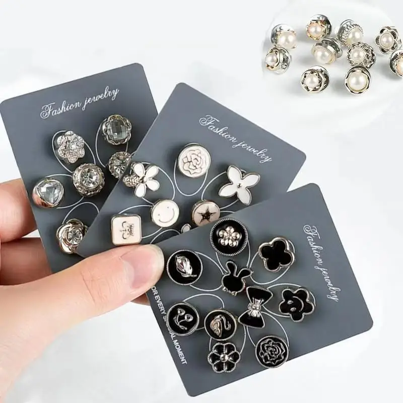 10pcs of Set Metal Brooch Women Hidden Button Fastener Nail Catcher Pearl Jewelry Small Pin Collar Buckle Clothing Accessories