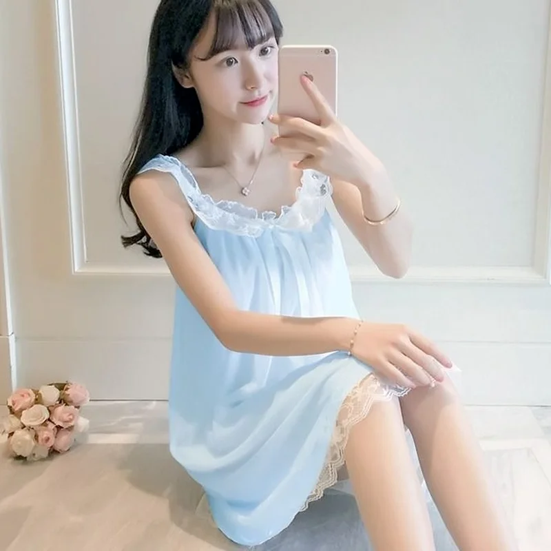 Nightgowns Women Leisure Knee-length Sleep Comfortable Sexy Sweet Lace Sleeveless Homewear Solid Color Soft Japanese Style Retro