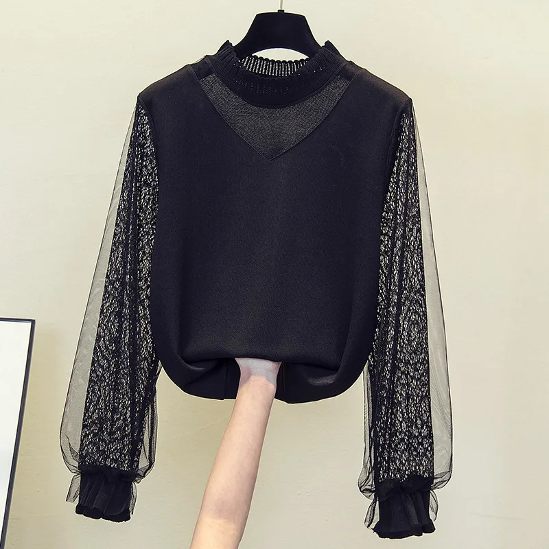 M-4XL women Large size fashion lace sleeve kintting shirt sweaters 2023 long sleeve o neck sexy autumn winter thick pullover top