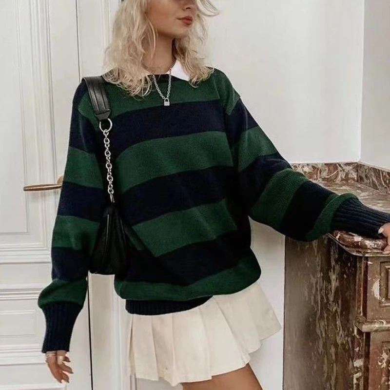 PUWD Cute Girls O Neck Striped Sweaters Pullover Cotton 2022 Spring Autumn Fashion Ladies Y2K Loose Knitwear Vintage Women Chic