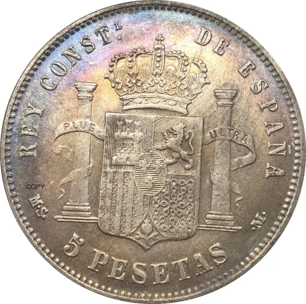 Spain 1888 MS 5 Pesetas 90% Silver Alfonso XIII 1st portrait The crowned Spanish Coat Of Arms With Pillars  Copy Coin