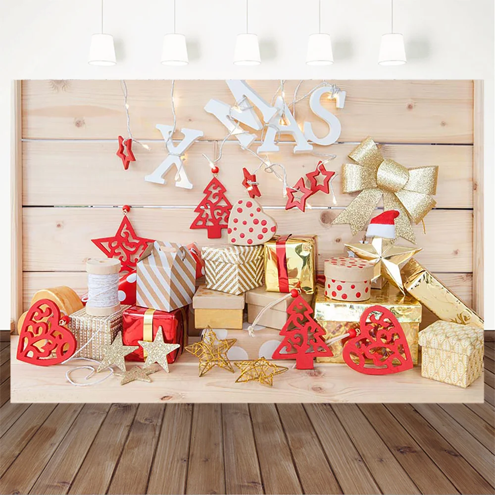 Christmas Gifts Background For Photography Wood wall Backdrop For Photo golden gift box Red decor Candle Wood floor Backgrounds