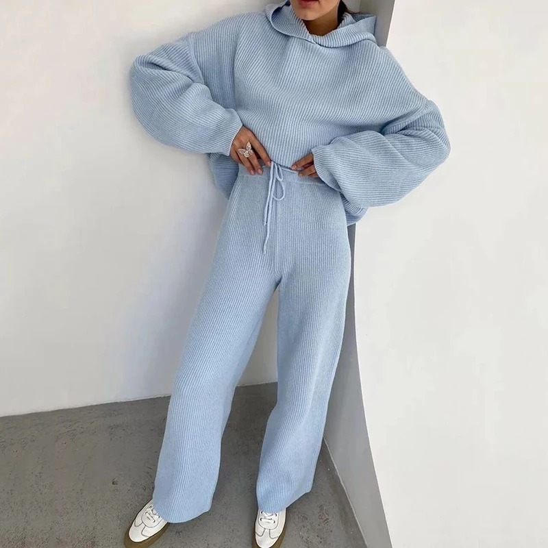 Two Piece Sets Women Homewear Spring Rib Knitted Soft Pajamas Casual Solid Loose Hooded Tops And Wide Leg Pants Suit Sportswear