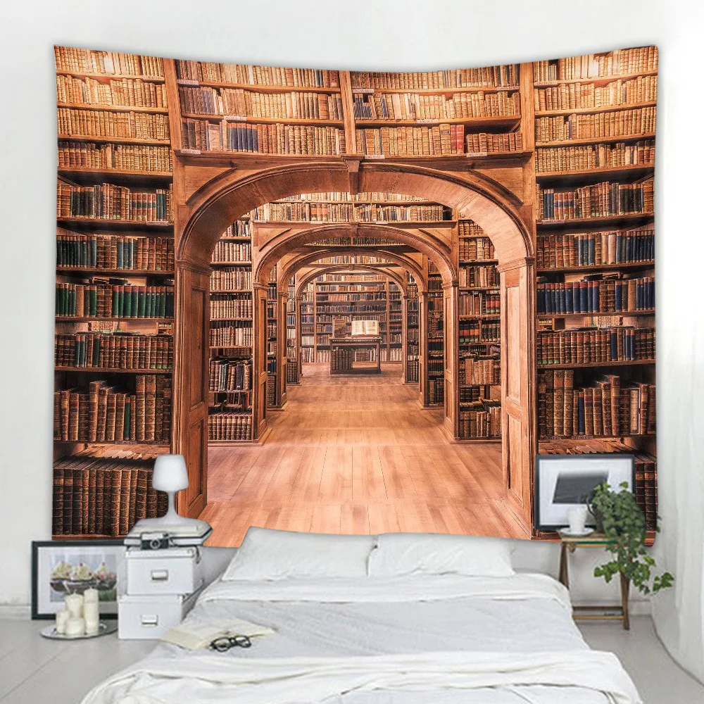 Magic Retro Library Bookshelf Tapestry Environmentally Friendly Print Decorative Hanging Cloth Wall Carpet Bedspread Home Decor