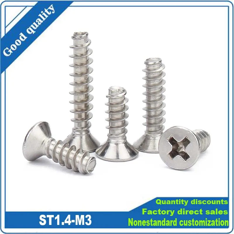 

50pcs M1.4 M1.7 M2 M2.6 M3 Micro Small 304 Stainless Steel Cross Phillips Countersunk Head Flat End Top Self-tapping Wood Screw