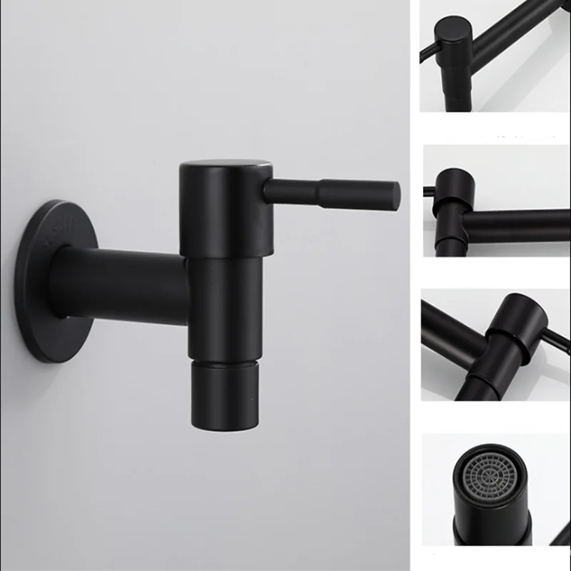 Wall Mounted Faucet Single Cold Sink Tap Black Water Tap for Bathroom Washing Machine Sink Mop Pool