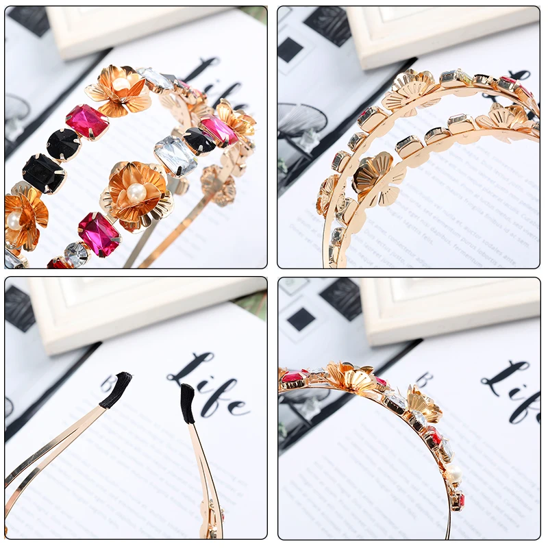 AWAYTR Baroque Jeweled Headband Hair Hoop Women Wedding Bride Flowers Crystal Hairband Rhinestone Bezel Elegant Hair Accessories