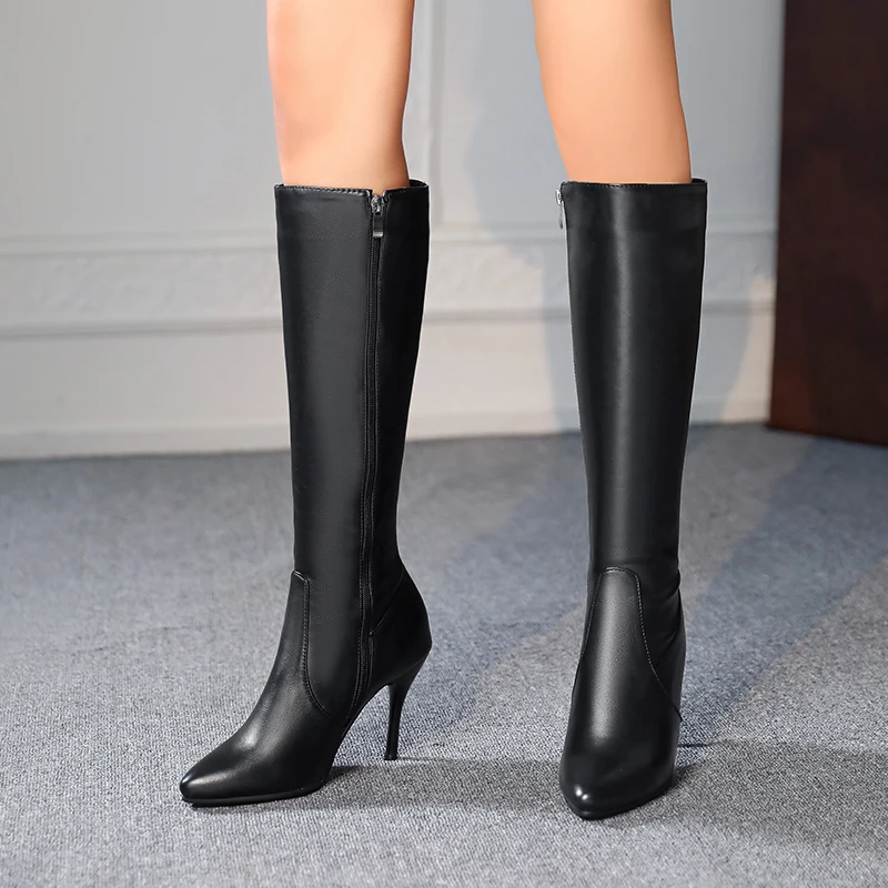 Oversized Pointed-Toe Boots Wineglass Heel Stiletto Knee-Length Boots 2020 Autumn Winter New Side Zipper Super High Heel PU Boot